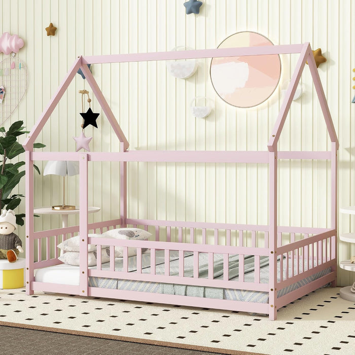 Pink Full Size Montessori Floor Bed SolidWoodFrame