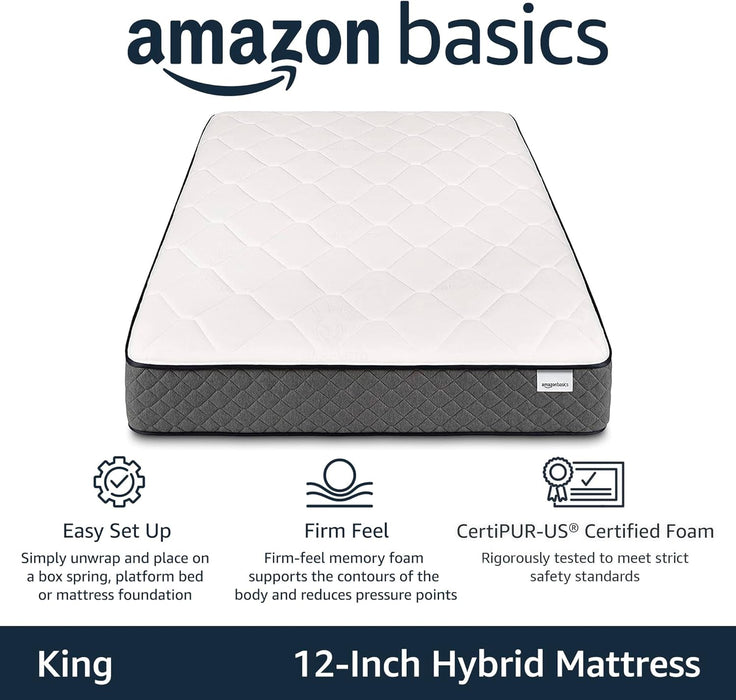 Gel-Infused Memory Foam Mattress, 12-Inch Hybrid, Cushion Firm, Cool Touch, Certipur-Us® Certified Foam, King, White / Gray