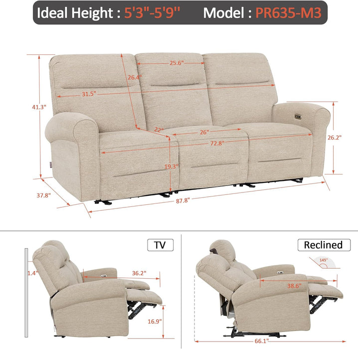 87.8" Wall Hugger Power Reclining Sofa with Drop down Table, 3-Seater Recliner Couch for Small Spaces Living Room RV, USB Ports, Fabric PR635M3 (Beige)