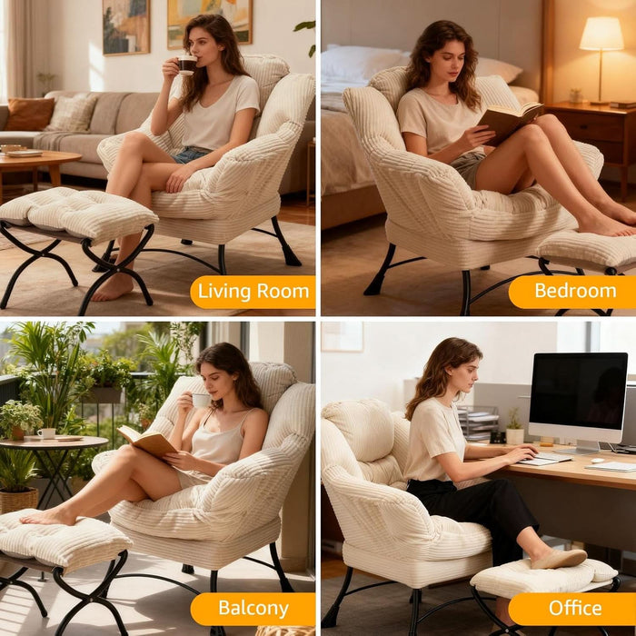 Large Lazy Chair and Ottoman for Adults, Accent Chair Oversized Lounge Armchair with Side Pocket & Footrest, Comfy Reading Chair Leisure Sofa for Bedroom, Living Room, Office (Corduroy, White, Single)
