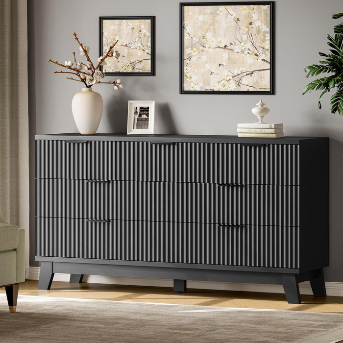 Fluted Dresser with 7 Drawers, 58" Wide Wood Chest of Drawers with Metal Handle, Wooden Dresser TV Stand, Modern Closet Clothes Storage Organizer for Bedroom, Living Room, Hallway, Solid Black