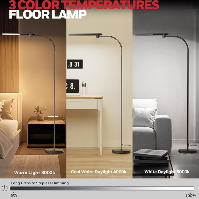 LED Floor Lamp for Reading, CRI97 Full Spectrum Eye-Caring Task Lamp, Stepless Dimmable 3000K-5000K Standing Lamp with Flexible Gooseneck, 77.5" Tall for Living Room, Bedroom, Office
