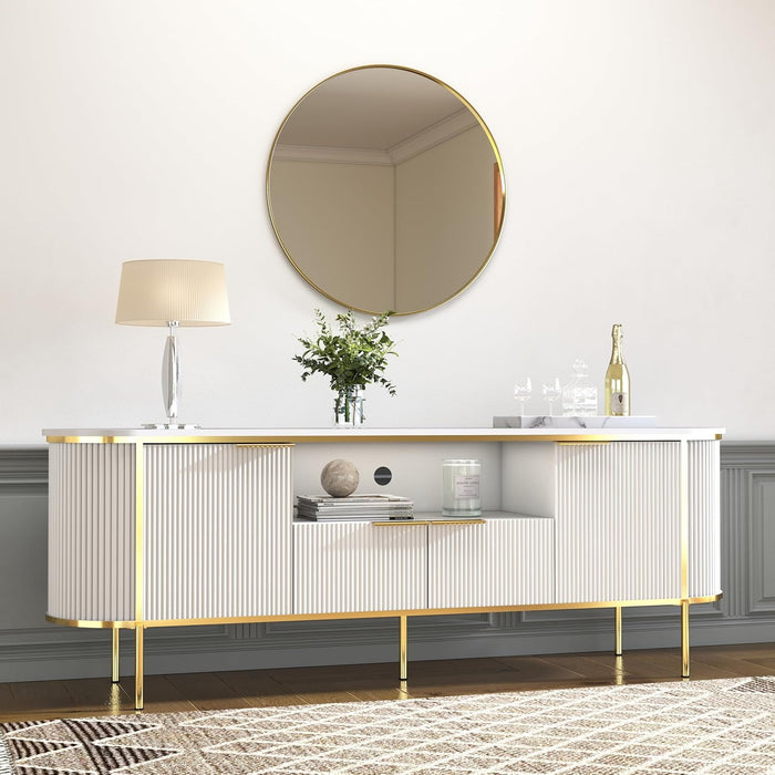 TV Consoles for Living Room: 70" Luxury Fluted White and Gold TV Stand Fits Tvs up to 80 Inch, Faux Marble Top Entertainment Center with Doors (White, 70 Inch TV Stand)