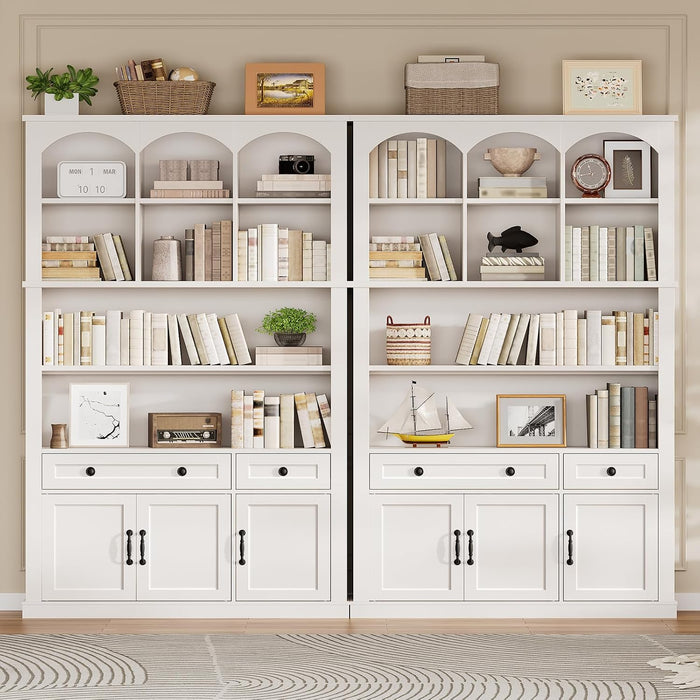 73.2" Tall Farmhouse Arched Bookshelf with Drawer and Door, 6 Tier Mid Century Modern Book Shelf and Bookcase with Storage, Floor Standing Display Cabinet for Living Room, Home Office, White