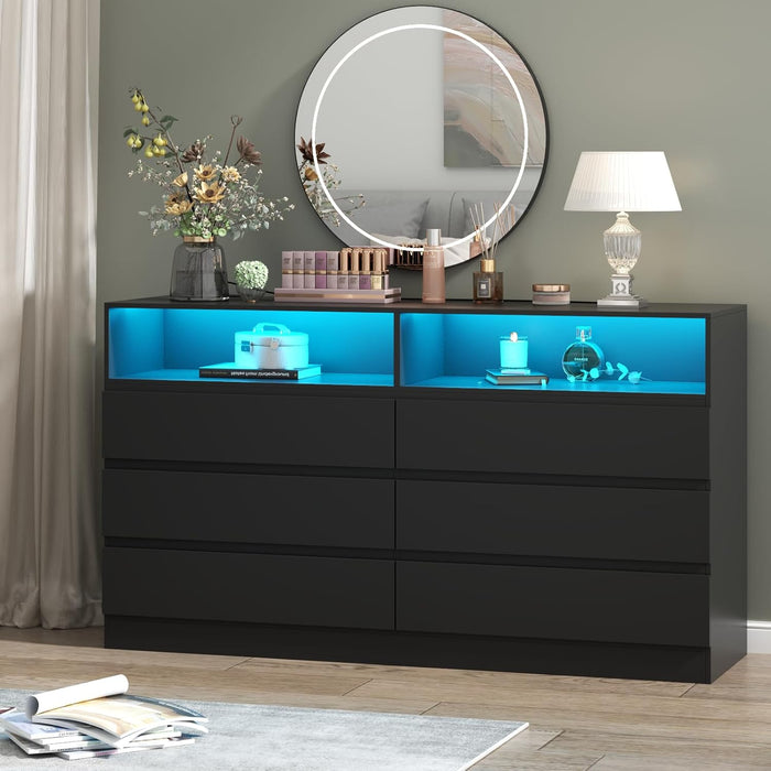 6 Drawer Double Dresser with Power Outlet, Accent Chests of Drawers with LED Light, Modern White Storage Dresser with Charging Station (Mirror Not Included)