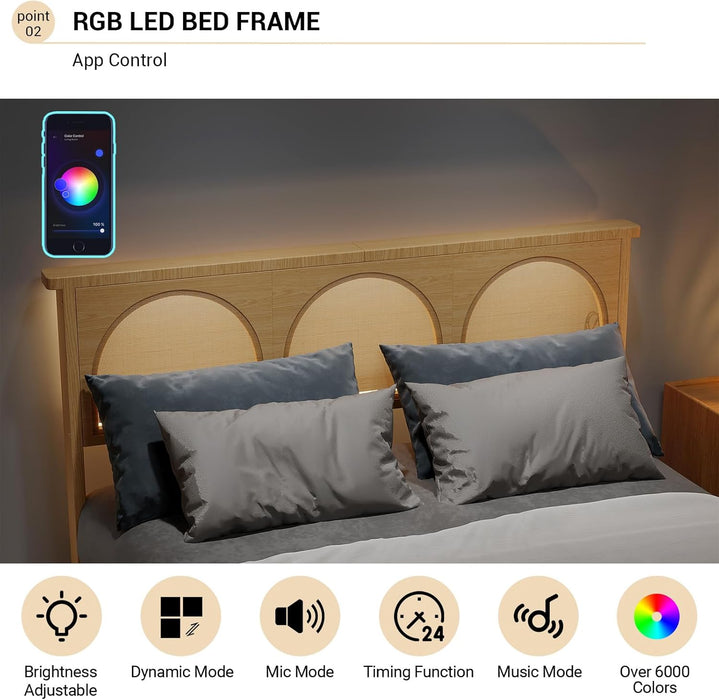 Rattan Bed Frame with Headboard, Wooden Platform Bed Frame Queen Size with Smart RGB LED Storage Headboard, Boho Wood Bed Frame No Box Spring Needed, under Bed Storage, Easy Assembly