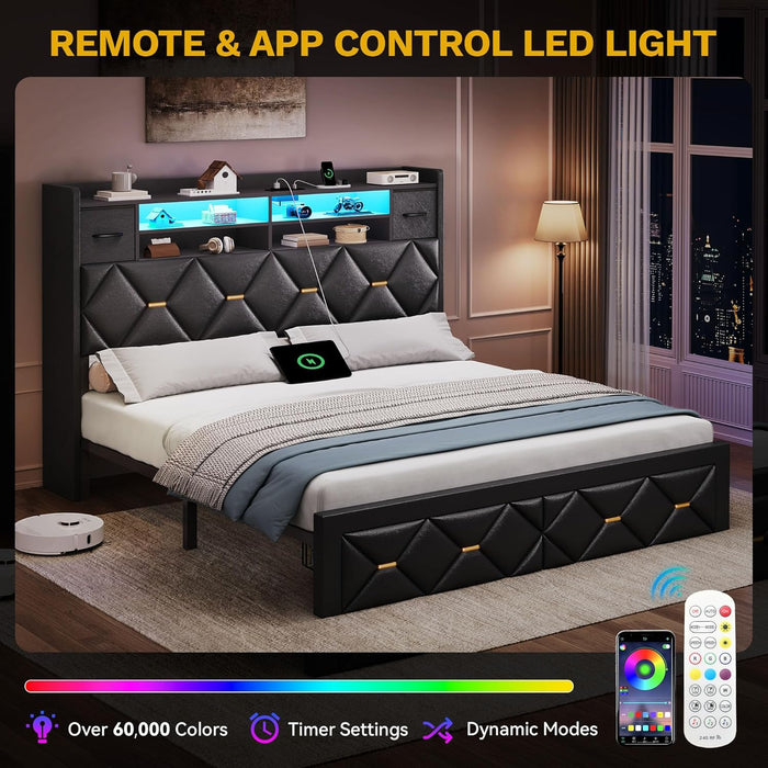 Queen Size Bed Frame with 2 Storage Drawers and Storage Headboard, Upholstered Platform with Charging Station and LED Light, No Box Spring Needed, Noise Free, Easy Assembly, PU Leather Black