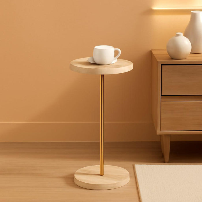 Φ9.8-Inch Marble round Drink Table, Stone Finish Pedestal End Table for Living Room, Weighted Base Small Accent Side Table for Small Space Office - Beige