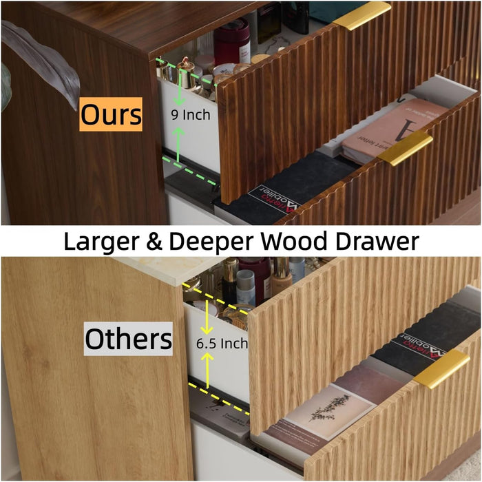 Dark Walnut Fluted 6 Drawers Dresser for Bedroom with Gold Handle