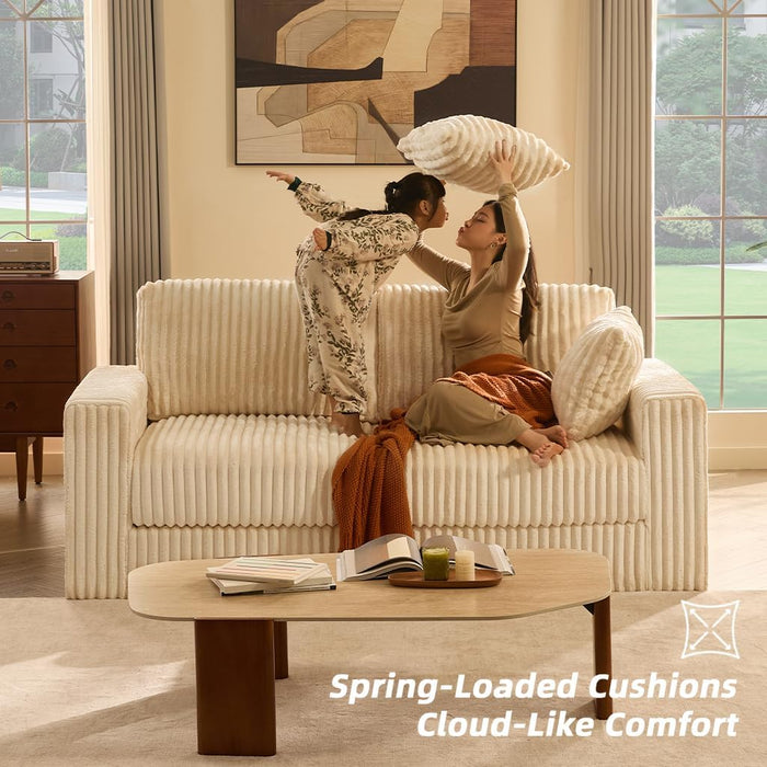 White Eighty Inch Corduroy Upholstered Sofa Cushions