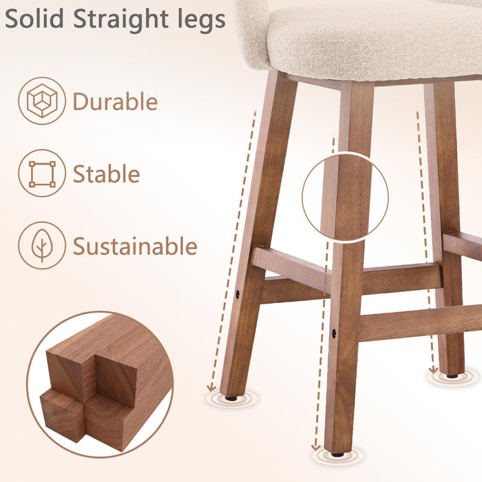 Counter Height Bar Stools, 26 Inch Bar Stools Set of 4 with Back, Upholstered Barstools with Footrest, Wood Legs, Fabric in Oatmeal