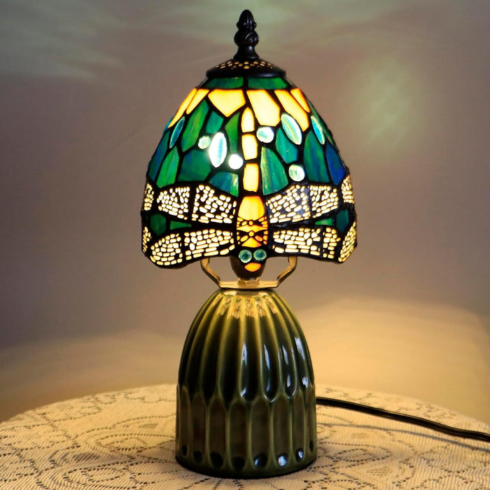 Stained Glass Mushroom Table Lamp 12.5 Inch -Yellow Dragonfly Style