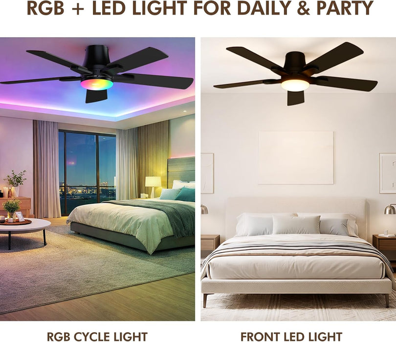 42" RGB Ceiling Fans with Lights, Low Profile Ceiling Fan with Light, RGB+3CCT 6 Wind Speeds, App & Remote Control, Flush Mount LED Fan Light, Fandelier Ceiling Fan for Bedroom, Living Room