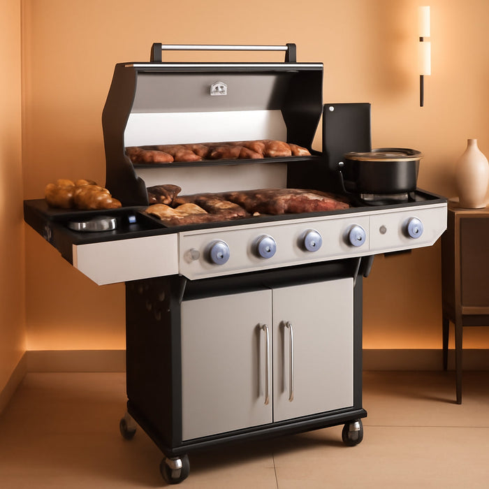 4 Led Burner Propane Gas Grill with Side Burner & & Visual Glass, Stainless Steel Gas Grill with Enameled Cast Iron Grates, 60,000 Btus Output for Outdoor Cooking and Patio Backyard Barbecue