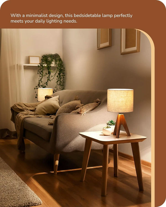 Tripod Table Lamp, Small Cute Bedside Lamp with Linen Beige Lampshade, Nightstand Lamp for Nursery, Bedroom, Kid Room, Living Room, Light Brown Wooden Base, E26 Socket, 14.2 Inch