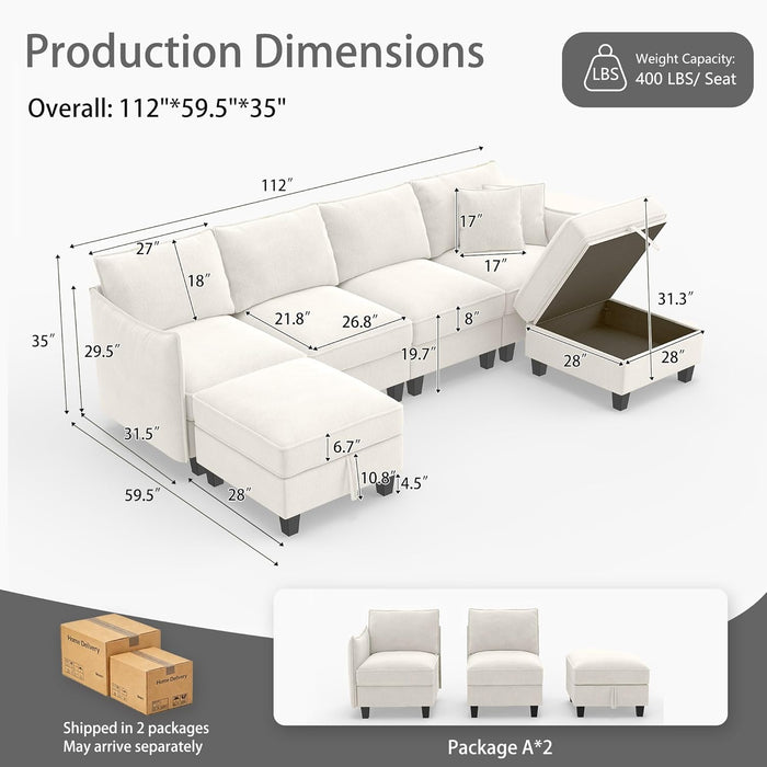 112-Inch Modular U-Shaped Sectional Beige Sofa Ottomans