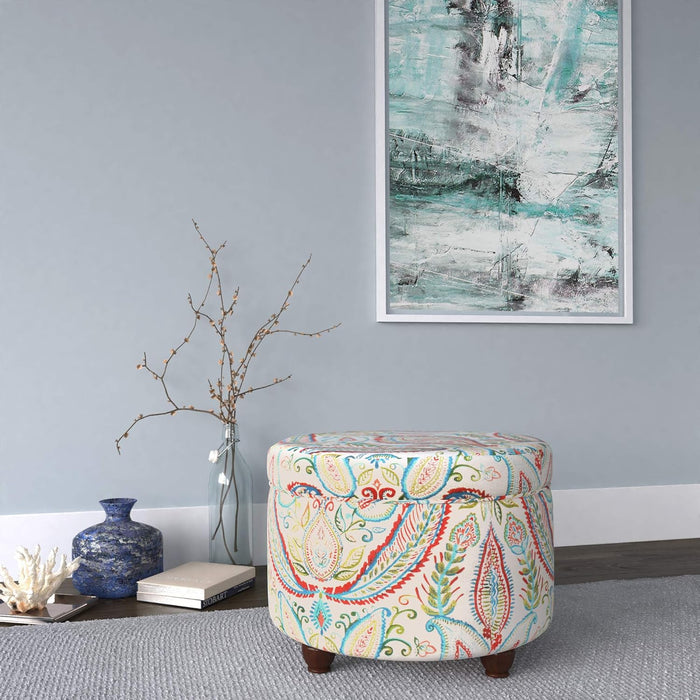 Home Decor | Upholstered round Storage Ottoman | Ottoman with Storage for Living Room & Bedroom, Bold Paisley
