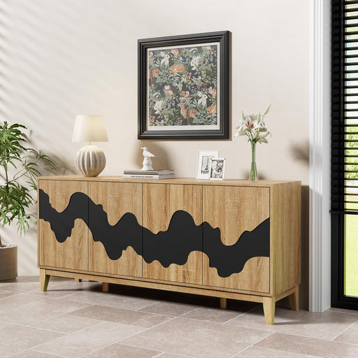 Buffet Cabinet, 63" Modern Sideboard with Black Water Stream Pattern, Kitchen Storage Cabinet with 4 Doors and Shelf, Wood Credenza for Dinning Room, Living Room (Natural and Black)