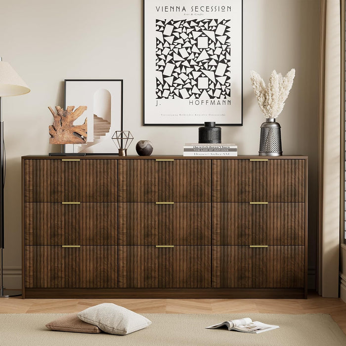 Walnut Dresser for Bedroom, Modern Dresser with 9 Drawers and Smooth Slides, Wide Chest of Drawers with Golden Handles for Bedroom, Living Room, Closet, 15.7" D X 63" W X 31.5" H