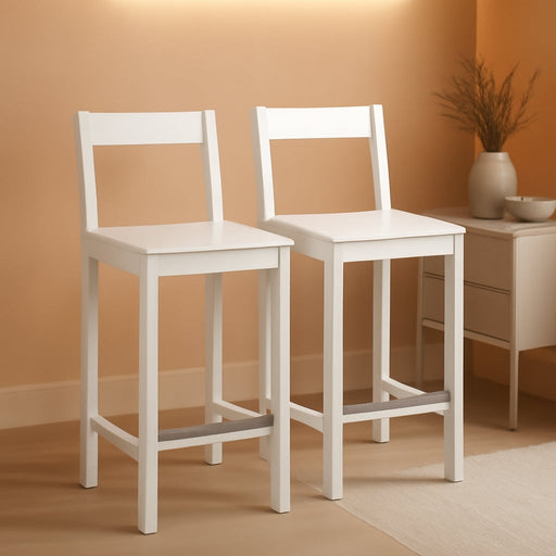 Wooden Bar Stool with Backrest, White, Set of 2