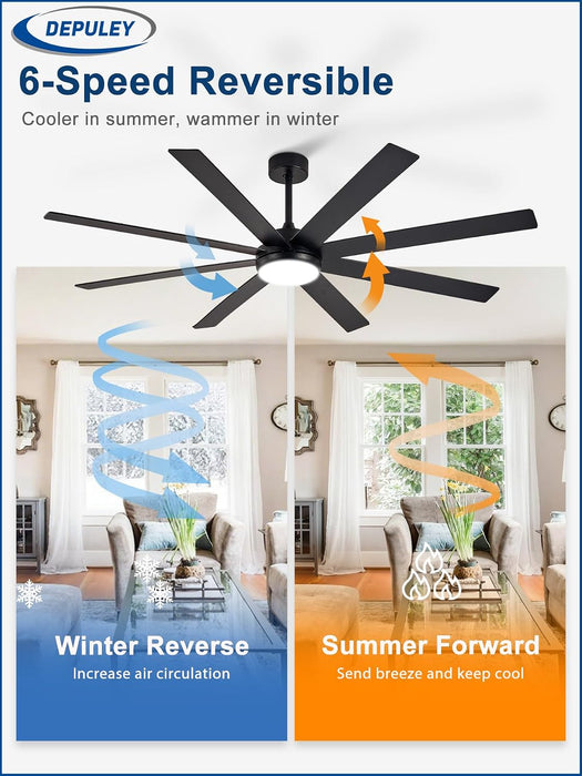 66" Ceiling Fans with Lights: Black Indoor/Outdoor Ceiling Fan for Patios Living Room - 8 Blades Dimmable Large Ceiling Fans with Remote APP Control Timer Reversible Quiet DC Motor 6 Speeds