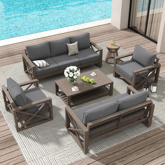 Aluminum Patio Furniture Set, 8 Pieces Modern Metal Outdoor Furniture, Faux Wood Grain Finish Frame Patio Sofa Sets with 6" Cushion for Backyard, Dark Grey (Included Waterproof Covers)