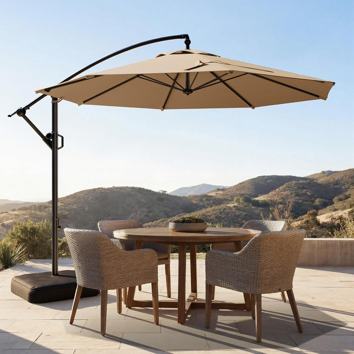 10Ft Cantilever Patio Umbrella with Base Included, 30 MPH Wind-Resistant Offset Outdoor Hanging Umbrella with 45 Degree Infinite Tilt and Smooth Crank, 260Gsm Solution-Dyed 8-Year Fade-Resistant Canopy for Backyard Pool Deck, Beige