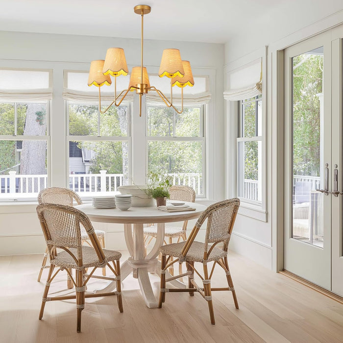 28" Rattan Chandelier, Large Modern Pendant Light Fixtures with Flower Shades Antique Brass Brush Paint Finish for Dining Room, Kitchen Island, Foyer, Living Room 5-Light