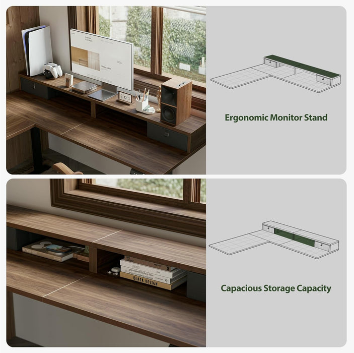 63 X 55 INCH L Shaped Electric Standing Desk with 2 Drawers, Ergonomic Adjustable Height Desk with Storage, Corner Desk Sit Stand up Computer Table for Work Office Home, Dark Wlalnut