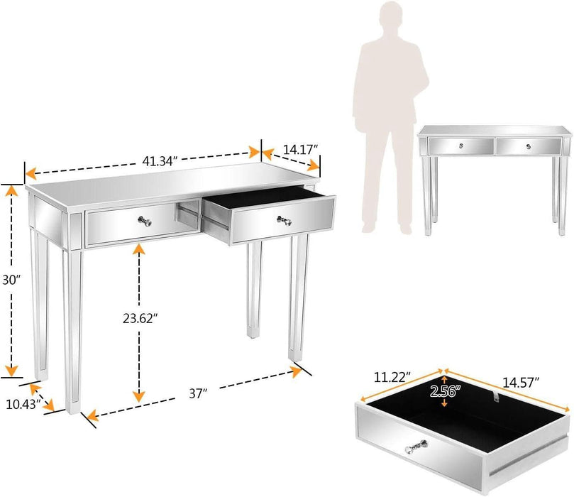 42" Silver Mirrored Vanity Desk, Makeup Table with 2 Drawers, Mirrored Console Table, Mirror Desk with Drawers, Mirror Console Tables for Women Girls Entryway Home Office Writing Desk