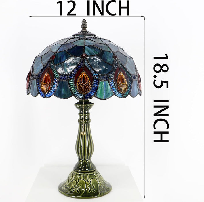 Tiffany Style Stained Glass Table Lamp 18.5 Inch - Blue Peacock Tail