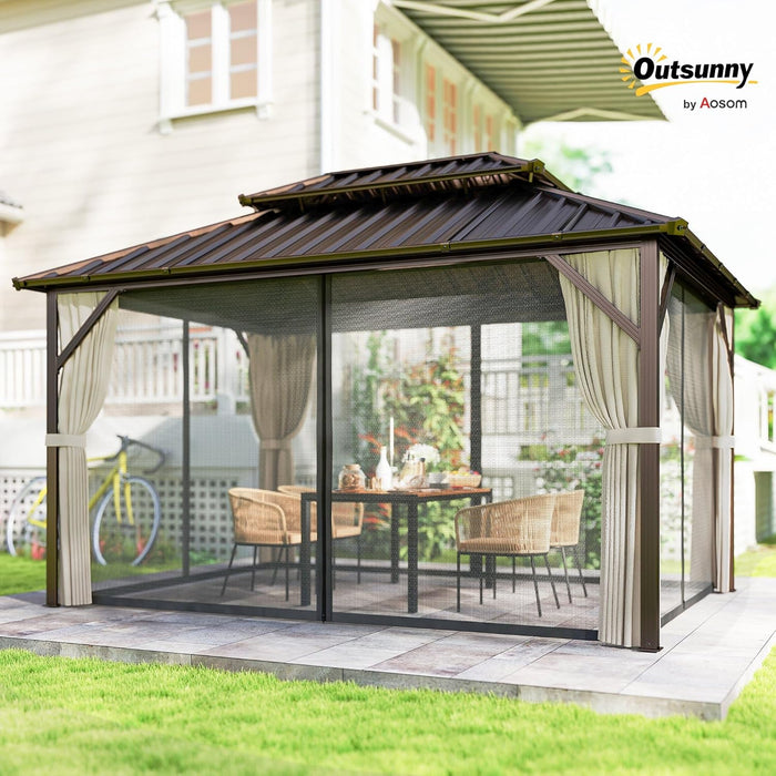 10' X 14' Hardtop Gazebo with UPF50+ Double Galvanized Steel Roof Canopy, Aluminum Frame Permanent Outdoor Gazebo with Curtains and Netting, Ceiling Hooks, Brown