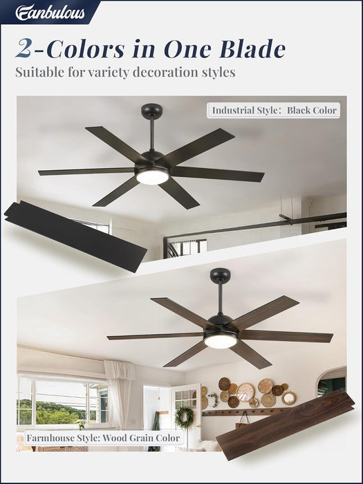 58 Inch Ceiling Fans with Lights and Remote, Black Indoor/Outdoor Ceiling Fan with Quiet Reversible DC Motor, 6 Speeds, 3CCT, 6 Blades Large Ceiling Fan for Living Room Bedroom Patio