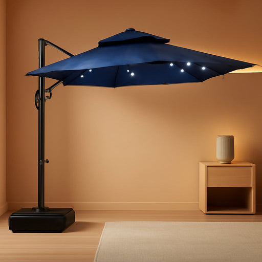 10 Ft Solar Lights Cantilever Patio Umbrella with Base Included, 360° Rotation Offset Umbrella, Easy Crank & Tilt Adjustment, UV Protection for Backyard, Poolside, Deck -Navy Blue