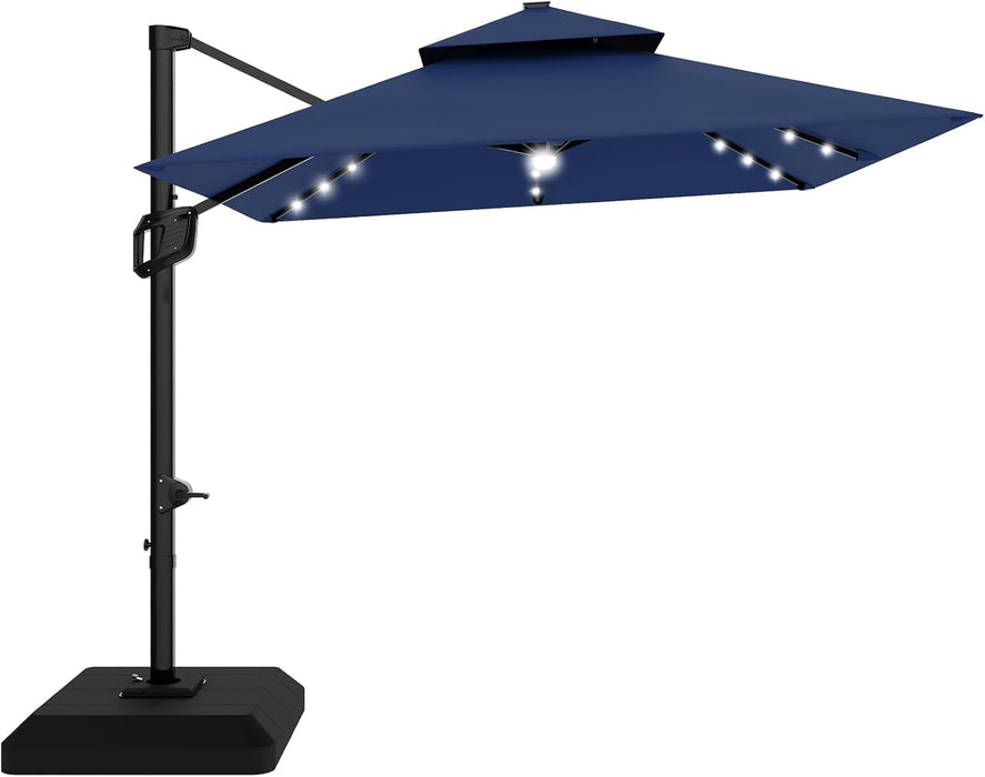 10 Ft Solar Lights Cantilever Patio Umbrella with Base Included, 360° Rotation Offset Umbrella, Easy Crank & Tilt Adjustment, UV Protection for Backyard, Poolside, Deck -Navy Blue
