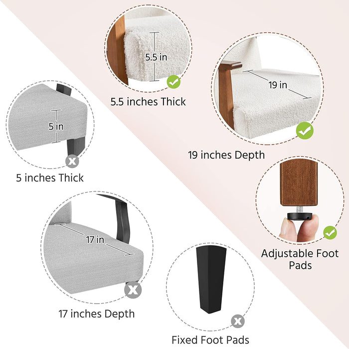 Fabric Accent Chair, Mid-Century Modern Armchair with Solid Wood Legs, Reading Leisure Chair with High Back for Living Room Bedroom Waiting Room, Set of 2, Ivory