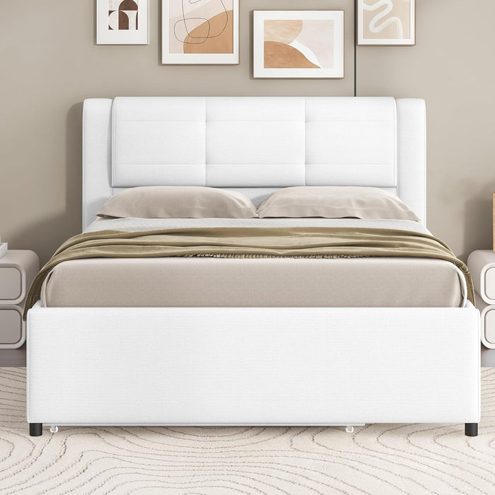 Full Size Upholstery Platform Bed with Trundle,Trundle Can Be Flat or Erected, Modern Bed Frame with Linen Headboard for Kids, Adults, No Box Spring Needed, Beige