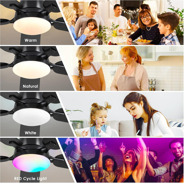 Ceiling Fans with Lights- 46" RGB Low Profile Indoor Ceiling Fan with Light and Remote/App Control, Flush Mount, LED Dimmable DC Reversible Modern Ceiling Fan for Bedroom（Black