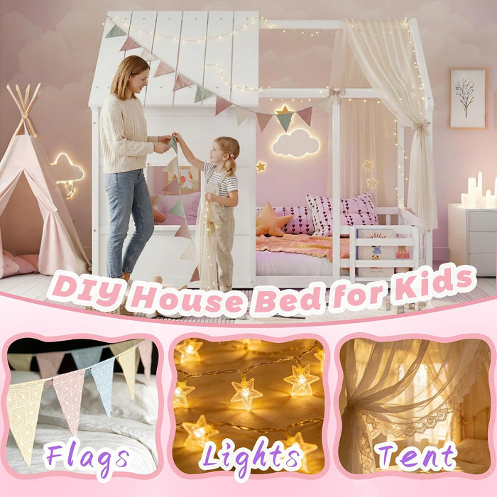 White Twin House Bed With LEDBookshelfIllumination