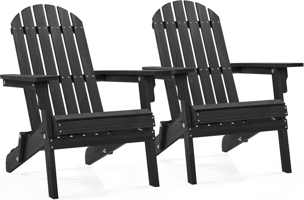 Folding Adirondack Chair Set of 2 Outdoor, 300LBS Solid Wood Garden Chair Weather Resistant, Fire Pit Lounge Chairs for Garden/Yard/Patio/Lawn, Black