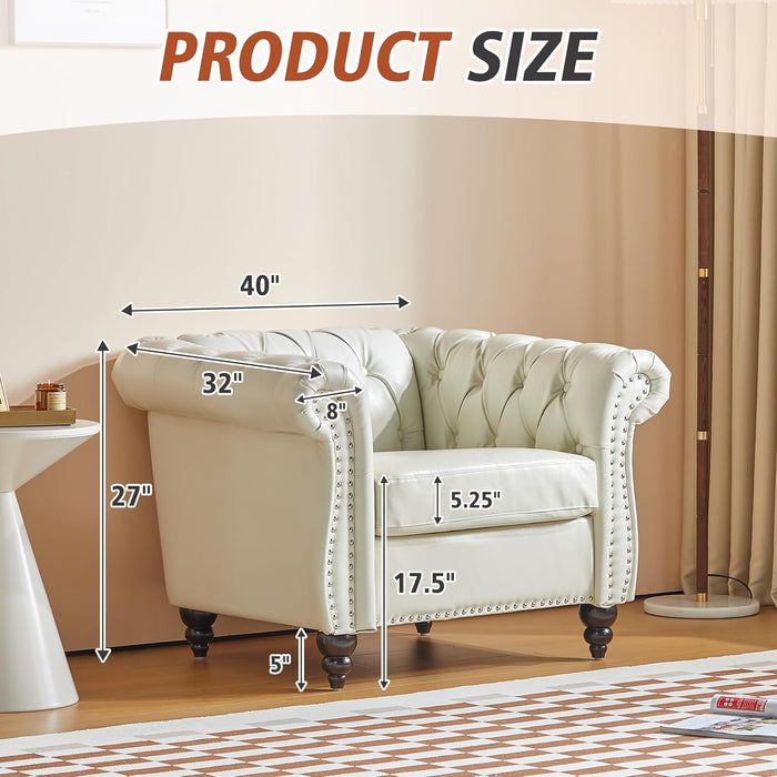 2 Piece Living Room Set, Chesterfield Faux Leather Sofa Couch Chair with Scroll Arms and Nailhead for Living Room, Office (White)