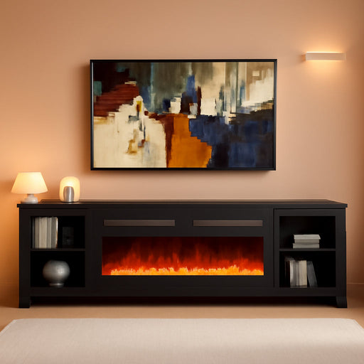 80" Fireplace TV Stand, Modern Entertainment Center with 50 Inch Electric Fireplace, Adjustable Shelf & Glass Door, Modern TV Console for Living Room, Black