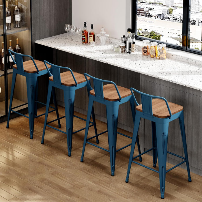 24" Metal Bar Stools Set of 4 Counter Height Barstools, Industrial Counter Stool Kitchen Bar Chairs with Modern Wooden Seat, Distressed Navy