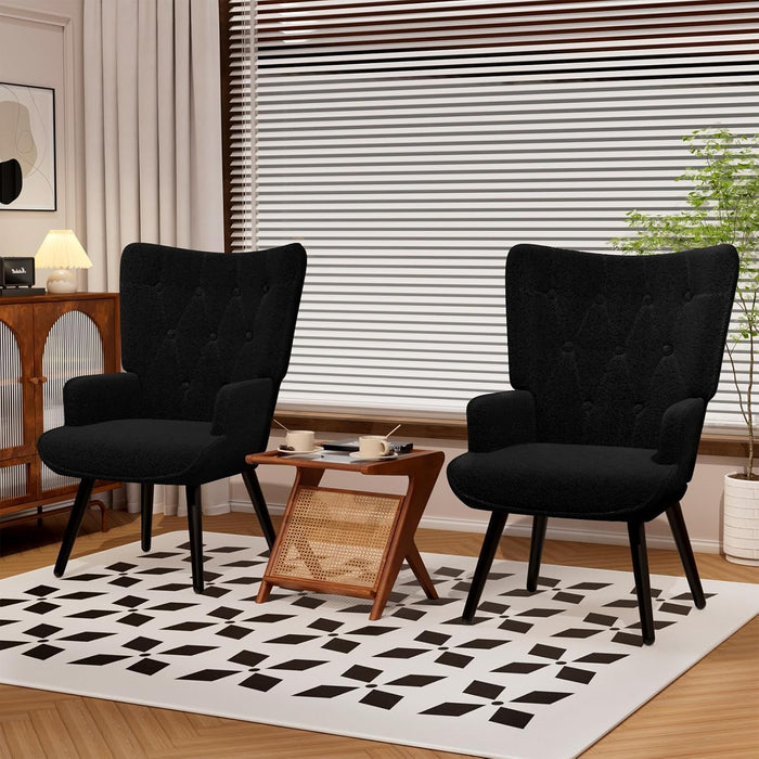 Black Plush Upholstered Wingback Armchair Mid Century