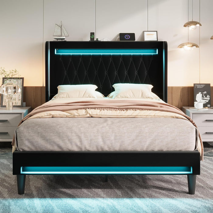 Upholstered Full Size Platform Bed Frame with LED Light and Charging Station, Button Tufted High Headboard, Wingback Design, Noise Free, Easy Assembly, No Box Spring Needed, Black