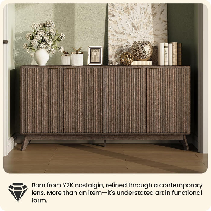 59'' Sideboard Buffet Storage Cabinet with Metal Handle, Fluted Cabinet with Rounded Corners, Modern Buffet Table Accent with 4 Doors for Coffee Bar, Console Table,Walnut