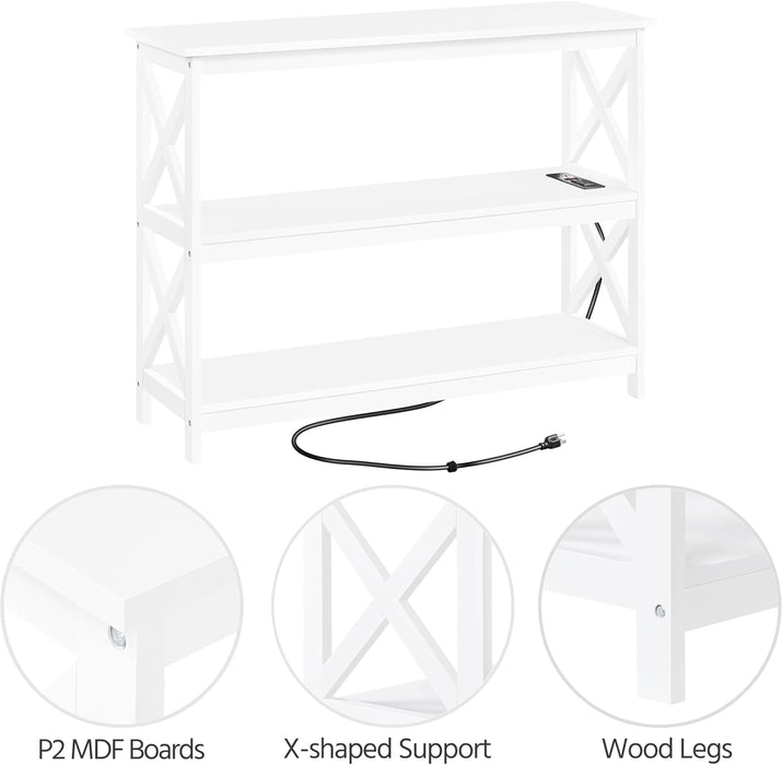 Entryway Table with Storage Shelves, Console Table with Power Outlets and USB Ports, Wood Narrow Sofa Tables with X-Shaped Design for Living Room/Hallway/Couch, White