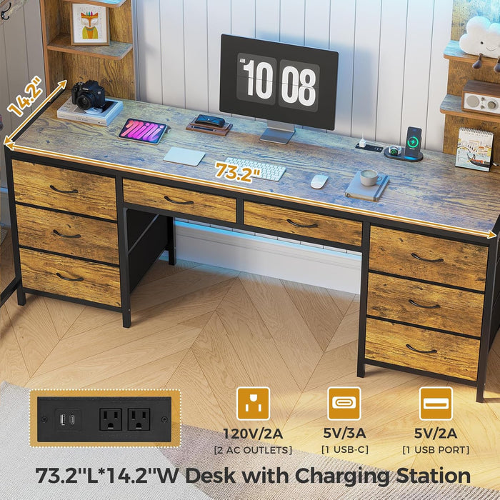 Full Size Loft Bed with Desk and 8 Storage Drawers, Metal Loft Beds Full with LED Lights & Charging Sation, Heavy Duty Loft Bed Frame with 6 Storage Shelves, Space-Saving, Rustic Brown