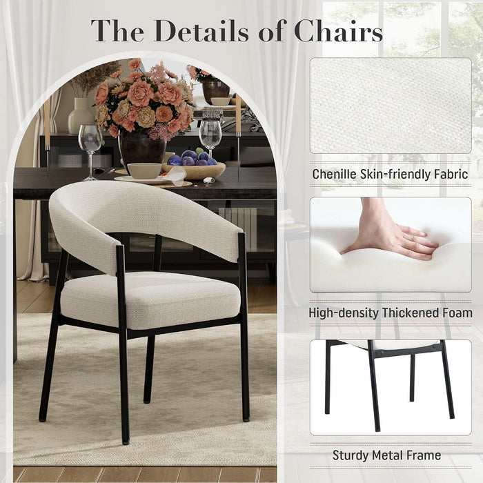 Modern Glass Dining Table Set for 4, 47" Small Rectangle Dining Room Table Chairs, Black Glass Kitchen Table & 4 off White Chenille Accent Arm Chairs for Kitchen, Small Apartment, Home