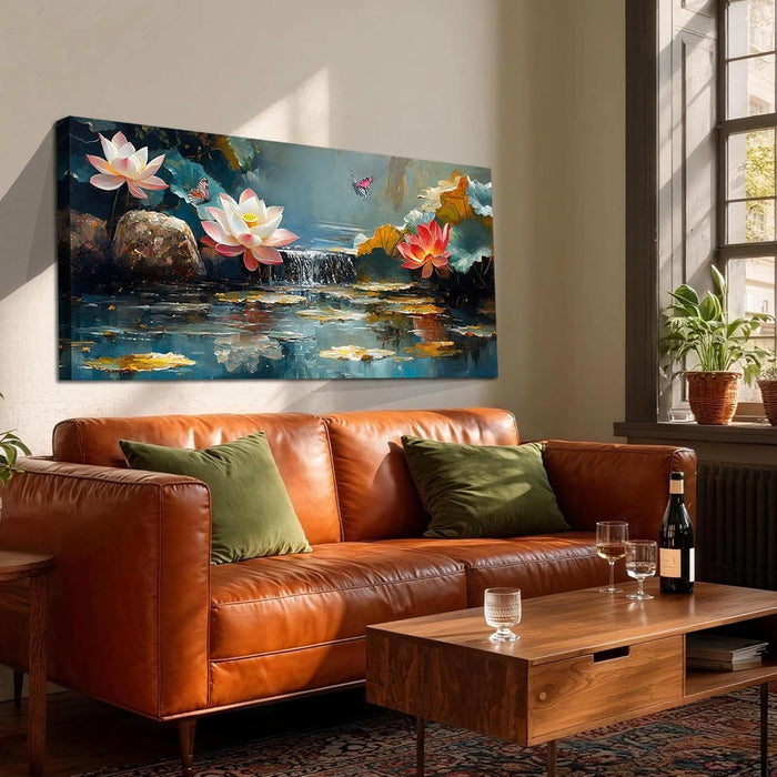 Lotus Canvas Wall Art for Living Room, Zen Yoga Wall Decor Landscape Painting Textured Artwork for Christmas Gift Spa Bedroom Hallway Kitchen Office Home Decor 58"X29"